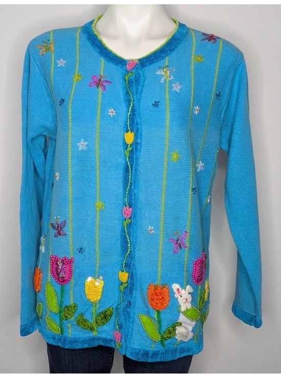 Quacker Factory Sweaters - Quacker Factory Bright Turquoise Floral Embroidered Cardigan
